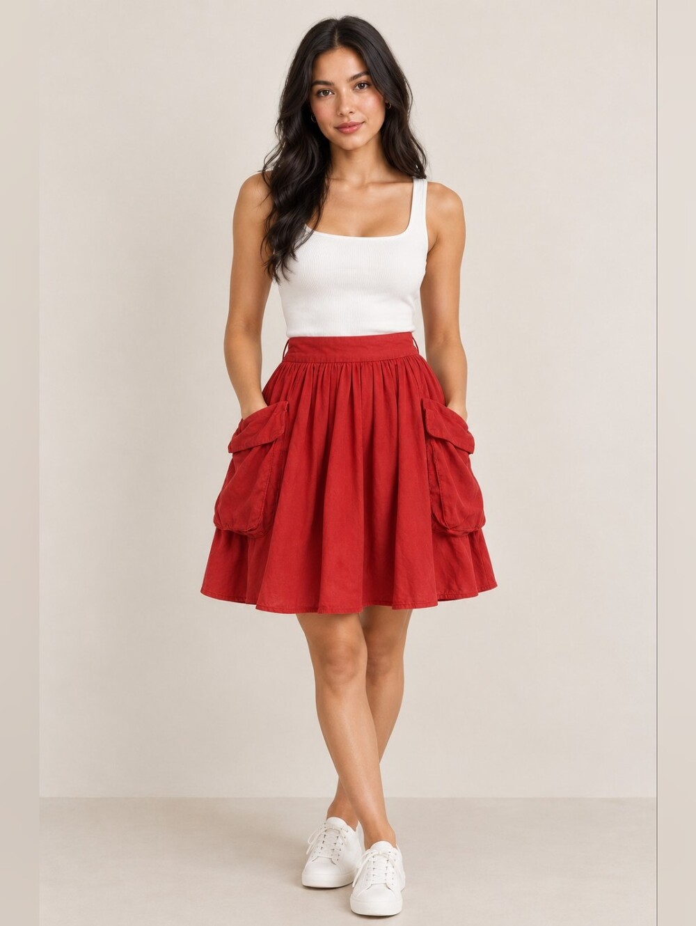 Maeve Red Corduroy Pleated Skirt with Utility Pockets
